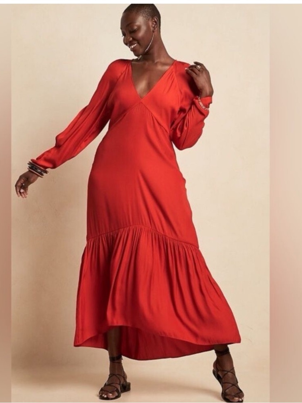 Banana Republic Long Sleeve Deep V Neck Flounce Hem Reddish Orange Maxi Dress 2